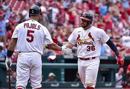 Jun 12, 2022; St. Louis, Missouri, USA; St. Louis Cardinals first baseman Juan Yepez (36) celebrates with designated hitter Albert Pujols (5) after hitting a two run home run against the Cincinnati Reds during the ninth inning at Busch Stadium. Mandatory Credit: Jeff Curry-USA TODAY Sports