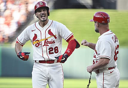 Aug 6, 2022; St. Louis, Missouri, USA;  St. Louis Cardinals third baseman Nolan Arenado (28) reacts after hitting a one run single against the New York Yankees during the first inning at Busch Stadium. Mandatory Credit: Jeff Curry-USA TODAY Sports