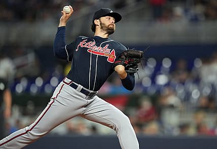 Aug 13, 2022; Miami, Florida, USA; Atlanta Braves pitcher Ian Anderson (36) pitches against the Miami Marlins in the first inning at loanDepot Park. Mandatory Credit: Jim Rassol-USA TODAY Sports