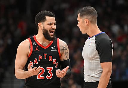 Mar 22, 2023; Toronto, Ontario, CAN;  Toronto Raptors guard Fred VanVleet (3) discusses a call with game official Jason Goldenberg (35) in the first half against the Indiana Pacers at Scotiabank Arena. Mandatory Credit: Dan Hamilton-USA TODAY Sports