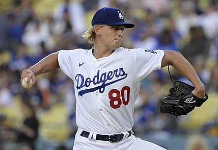 Jun 23, 2023; Los Angeles, California, USA;  Los Angeles Dodgers starting pitcher Emmet Sheehan (80) delivers in the first inning against the Houston Astros at Dodger Stadium. Mandatory Credit: Jayne Kamin-Oncea-USA TODAY Sports