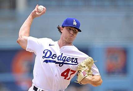 Aug 19, 2023; Los Angeles, California, USA;  Los Angeles Dodgers pitcher Ryan Pepiot (47) throws to the plate in the fourth inning against the Miami Marlins at Dodger Stadium. Mandatory Credit: Jayne Kamin-Oncea-USA TODAY Sports