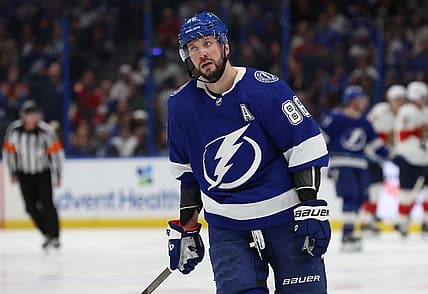 Dec 27, 2023; Tampa, Florida, USA;Tampa Bay Lightning right wing Nikita Kucherov (86) looks away after Florida Panthers scored a goal during the third period at Amalie Arena. Mandatory Credit: Kim Klement Neitzel-USA TODAY Sports
