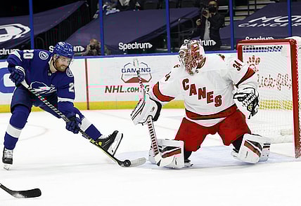 Apr 19, 2021; Tampa, Florida, USA; Tampa Bay Lightning center Blake Coleman (20) shoots as Carolina Hurricanes goaltender Petr Mrazek (34) defends during the first period at Amalie Arena. Mandatory Credit: Kim Klement-USA TODAY Sports