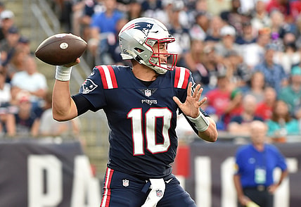 Sep 12, 2021; Foxborough, Massachusetts, USA;  New England Patriots quarterback Mac Jones (10) throws a pass during the second half against the Miami Dolphins at Gillette Stadium. Mandatory Credit: Bob DeChiara-USA TODAY Sports