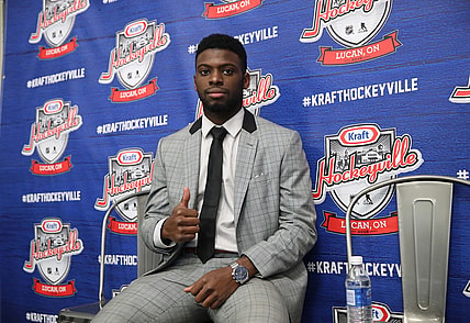 Sep 18, 2018; Lucan, Ontario, CAN; Toronto Maple Leafs defenseman Jordan Subban (46) poses for a photo during their preseason game against the Ottawa Senators at Lucan Community Memorial Centre. The Maple Leafs beat the Senators 4-1. Mandatory Credit: Tom Szczerbowski-USA TODAY Sports