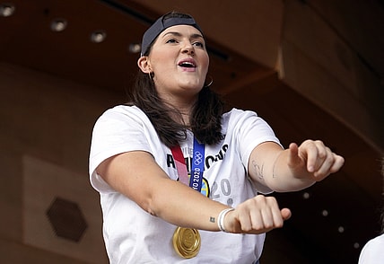 Oct 19, 2021; Chicago, IL, USA; Chicago Sky center Stefanie Dolson (31) celebrates the Sky   s championship at Millennium Park. Mandatory Credit: David Banks-USA TODAY Sports