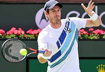 Mar 13, 2022; Indian Wells, CA, USA;  Andy Murray (GBR) hits a shot against Alexander Bublik (KAZ) during a second round match at the BNP Paribas Open at the Indian Wells Tennis Garden. Mandatory Credit: Jayne Kamin-Oncea-USA TODAY Sports
