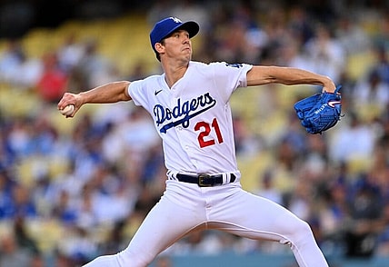 May 13, 2022; Los Angeles, California, USA;  Los Angeles Dodgers starting pitcher Walker Buehler (21) pitches in the second inning against the Philadelphia Phillies at Dodger Stadium. Mandatory Credit: Jayne Kamin-Oncea-USA TODAY Sports