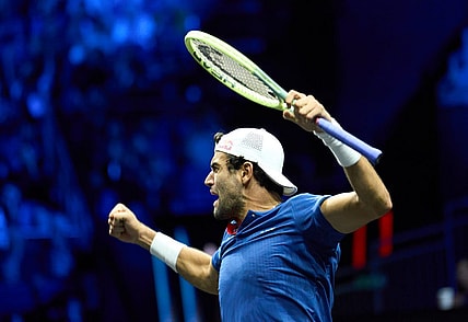 Sep 24, 2022; London, United Kingdom;Matteo Berrettini (ITA) celebrates winning against Felix Auger-Aliassime (CAN) in a Laver Cup singles match.  Mandatory Credit: Peter van den Berg-USA TODAY Sports