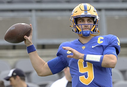 /Nov 5, 2022; Pittsburgh, Pennsylvania, USA; Pittsburgh Panthers quarterback Kedon Slovis (9) warms up before the game against the Syracuse Orange at Acrisure Stadium. Mandatory Credit: Charles LeClaire-USA TODAY Sports