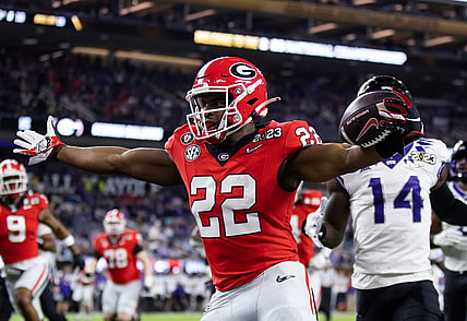 Jan 9, 2023; Inglewood, CA, USA; Georgia Bulldogs running back Branson Robinson (22) celebrates as he scores a rushing touchdown against the TCU Horned Frogs during the CFP national championship game at SoFi Stadium. Mandatory Credit: Mark J. Rebilas-USA TODAY Sports