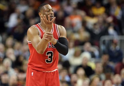 Feb 25, 2017; Cleveland, OH, USA; Chicago Bulls guard Dwyane Wade (3) reacts toward the Bulls bench after a play during the second half against the Cleveland Cavaliers at Quicken Loans Arena. The Bulls won 117-99. Mandatory Credit: Ken Blaze-USA TODAY Sports