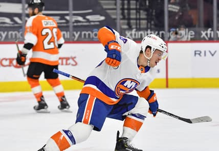 Mar 22, 2021; Philadelphia, Pennsylvania, USA; New York Islanders left wing Anthony Beauvillier (18) celebrates his game winning goal against the Philadelphia Flyers during the overtime period at Wells Fargo Center. Mandatory Credit: Eric Hartline-USA TODAY Sports