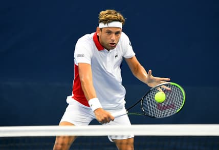Aug 31, 2020; Flushing Meadows, New York, USA; Filip Krajinovic (SRB) hits the ball against Mikael Ymer (SWE) on day one of the 2020 U.S. Open tennis tournament at USTA Billie Jean King National Tennis Center. Mandatory Credit: Robert Deutsch-USA TODAY Sports