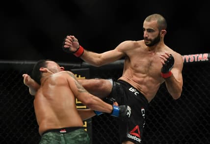 May 16, 2020; Jacksonville, Florida, USA;   Giga Chikadze (red gloves) fights Irwin Rivera (blue gloves) during UFC on ESPN at VyStar Veterans Memorial Arena. Mandatory Credit: Jasen Vinlove-USA TODAY Sports