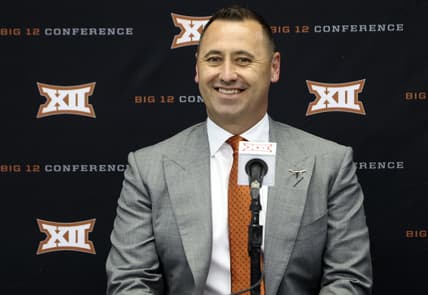 Jul 15, 2021; Arlington, TX, USA;  Texas Longhorns head coach Steve Sarkisian speaks to the media during Big 12 media days at AT&T Stadium. Mandatory Credit: Kevin Jairaj-USA TODAY Sports