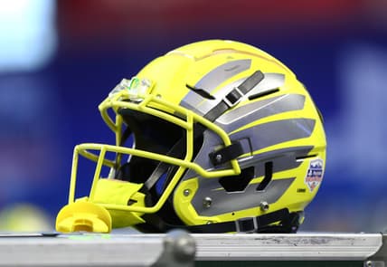 Jan 2, 2021; Glendale, AZ, USA; Detailed view of an Oregon Ducks helmet during the Fiesta Bowl at State Farm Stadium. Mandatory Credit: Mark J. Rebilas-USA TODAY Sports