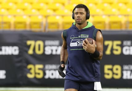 Oct 17, 2021; Pittsburgh, Pennsylvania, USA;  Seattle Seahawks quarterback Russell Wilson (3) walks the field before playing the Pittsburgh Steelers at Heinz Field. Mandatory Credit: Charles LeClaire-USA TODAY Sports
