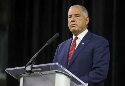 Jul 14, 2021; Arlington, TX, USA;  Big 12 Commissioner Bob Bowlsby speaks to the media during Big 12 media days at AT&T Stadium. Mandatory Credit: Kevin Jairaj-USA TODAY Sports