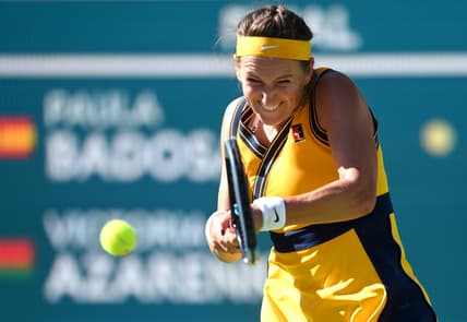 Oct 17, 2021; Indian Wells, CA, USA;  Victoria Azarenka (BLR) hits a shot during the women s final against Paula Badosa (ESP) during the BNP Paribas Open at the Indian Wells Tennis Garden. Mandatory Credit: Jayne Kamin-Oncea-USA TODAY Sports