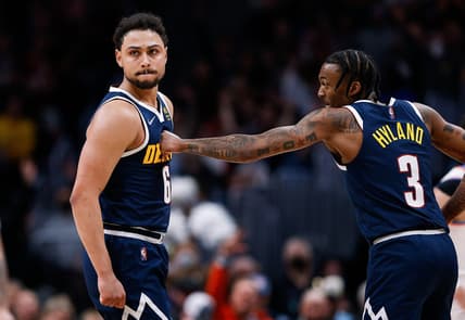 Mar 2, 2022; Denver, Colorado, USA; Denver Nuggets guard Bones Hyland (3) celebrates with guard Bryn Forbes (6) after a play in the fourth quarter against the Oklahoma City Thunder at Ball Arena. Mandatory Credit: Isaiah J. Downing-USA TODAY Sports