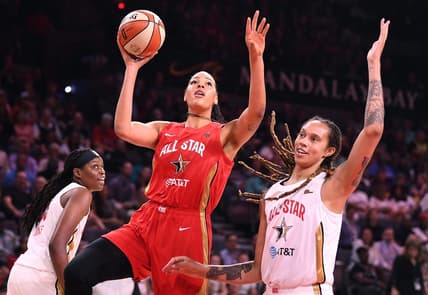 Jul 27, 2019; Las Vegas, NV, USA; Team Wilson forward Liz Cambage (8) shoots inside the defense of Team Delle Donne forward Brittney Griner (42) during the first half of the WNBA All Star Game at Mandalay Bay Events Center. Mandatory Credit: Stephen R. Sylvanie-USA TODAY Sports