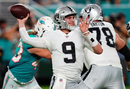 Aug 20, 2022; Miami Gardens, Florida, USA; Las Vegas Raiders quarterback Nick Mullens (9) throws a pass against the Miami Dolphins in the second quarter at Hard Rock Stadium. Mandatory Credit: Jim Rassol-USA TODAY Sports