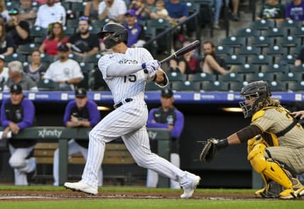 Sep 23, 2022; Denver, Colorado, USA; Colorado Rockies right fielder Randal Grichuk (15) hits a single during the first inning against the San Diego Padres at Coors Field. Mandatory Credit: John Leyba-USA TODAY Sports