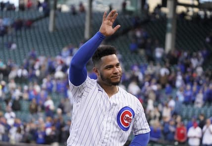 Oct 2, 2022; Chicago, Illinois, USA; Chicago Cubs catcher Willson Contreras (40) says goodbye to the fans after the game against the Cincinnati Reds at Wrigley Field. Mandatory Credit: David Banks-USA TODAY Sports