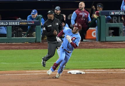 Nov 3, 2022; Philadelphia, Pennsylvania, USA; Philadelphia Phillies designated hitter Bryce Harper (3) runs toward second base after hitting a double against the Houston Astros during the fifth inning in game five of the 2022 World Series at Citizens Bank Park. Mandatory Credit: John Geliebter-USA TODAY Sports