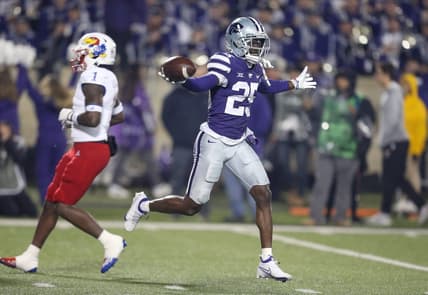 Nov 26, 2022; Manhattan, Kansas, USA; Kansas State Wildcats cornerback Ekow Boye-Doe (25) celebrates a fumble recovery during the first quarter against the Kansas Jayhawks at Bill Snyder Family Football Stadium. Mandatory Credit: Scott Sewell-USA TODAY Sports