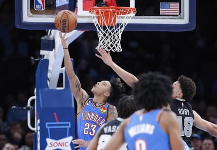 Nov 30, 2022; Oklahoma City, Oklahoma, USA; Oklahoma City Thunder guard Tre Mann (23) shoots against the San Antonio Spurs during the second quarter at Paycom Center. Mandatory Credit: Alonzo Adams-USA TODAY Sports