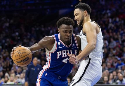 Nov 22, 2022; Philadelphia, Pennsylvania, USA; Philadelphia 76ers forward Paul Reed (44) drives against Brooklyn Nets guard Ben Simmons (10) during the fourth quarter at Wells Fargo Center. Mandatory Credit: Bill Streicher-USA TODAY Sports