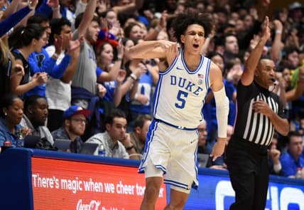 Jan 11, 2023; Durham, North Carolina, USA; Duke Blue Devils guard Tyrese Proctor(5) reacts after hitting a three-pointer during the first half against the Pittsburgh Panthers at Cameron Indoor Stadium. Mandatory Credit: Rob Kinnan-USA TODAY Sports