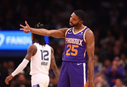 Jan 22, 2023; Phoenix, Arizona, USA; Phoenix Suns forward Mikal Bridges (25) celebrates a three point shot against the Memphis Grizzlies in the first half at Footprint Center. Mandatory Credit: Mark J. Rebilas-USA TODAY Sports