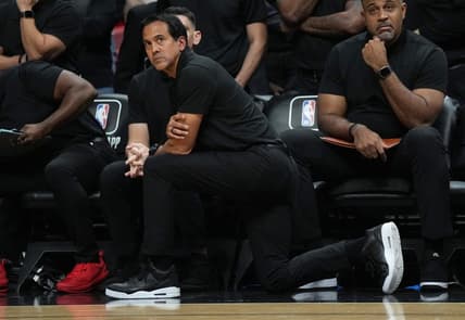 Jan 14, 2023; Miami, Florida, USA;  Miami Heat head coach Erik Speolstra looks on during the second half against the Milwaukee Bucks at Miami-Dade Arena. Mandatory Credit: Jim Rassol-USA TODAY Sports
