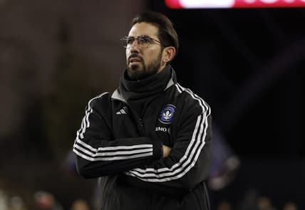 Apr 8, 2023; Foxborough, Massachusetts, USA; CF Montr  al head coach Hernan Losada looks on during the second half against the New England Revolution at Gillette Stadium. Mandatory Credit: Winslow Townson-USA TODAY Sports