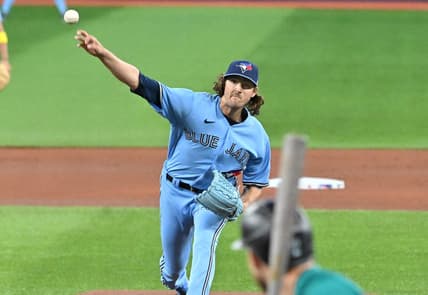 Apr 29, 2023; Toronto, Ontario, CAN; Toronto Blue Jays starting pitcher Kevin Gausman (34) delivers a pitch against the Seattle Mariners in the first inning at Rogers Centre. Mandatory Credit: Dan Hamilton-USA TODAY Sports