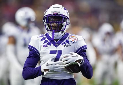 Dec 31, 2022; Glendale, Arizona, USA; TCU Horned Frogs wide receiver Jordan Hudson (7) against the Michigan Wolverines during the 2022 Fiesta Bowl at State Farm Stadium. Mandatory Credit: Mark J. Rebilas-USA TODAY Sports