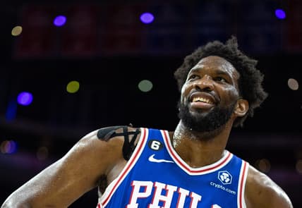 Feb 1, 2023; Philadelphia, Pennsylvania, USA; Philadelphia 76ers center Joel Embiid (21) smiles after a victory against the Orlando Magic at Wells Fargo Center. Mandatory Credit: Bill Streicher-USA TODAY Sports