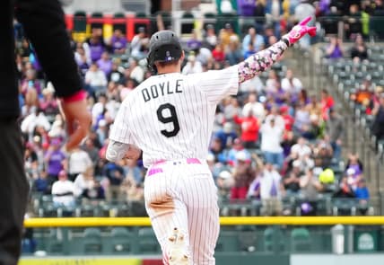 May 14, 2023; Denver, Colorado, USA; Colorado Rockies center fielder Brenton Doyle (9) runs off his solo home run in the fifth inning against the Philadelphia Phillies at Coors Field. Mandatory Credit: Ron Chenoy-USA TODAY Sports