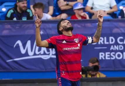 Jun 7, 2023; Frisco, Texas, USA;  FC Dallas forward Jesus Ferreira (10) celebrates after scoring a goal during the second half against St. Louis City at Toyota Stadium. Mandatory Credit: Kevin Jairaj-USA TODAY Sports