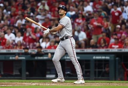 Jun 23, 2023; Cincinnati, Ohio, USA; Atlanta Braves first baseman Matt Olson (28) watches hitting a two-run home run against the Cincinnati Reds during the fifth inning at Great American Ball Park. Mandatory Credit: David Kohl-USA TODAY Sports