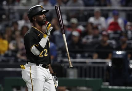Aug 7, 2023; Pittsburgh, Pennsylvania, USA; Pittsburgh Pirates designated hitter Andrew McCutchen (22) reacts after being called out on strikes by the Atlanta Braves during the sixth inning at PNC Park. Mandatory Credit: Charles LeClaire-USA TODAY Sports