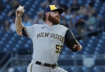 Sep 5, 2023; Pittsburgh, Pennsylvania, USA; Milwaukee Brewers starting pitcher Brandon Woodruff (53) delivers a pitch against the Pittsburgh Pirates during the first inning at PNC Park. Mandatory Credit: Charles LeClaire-USA TODAY Sports