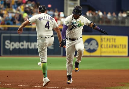 Sep 8, 2023; St. Petersburg, Florida, USA;Tampa Bay Rays designated hitter Harold Ramirez (43) hits a 2-run home run during the seventh inning against the Seattle Mariners  at Tropicana Field. Mandatory Credit: Kim Klement Neitzel-USA TODAY Sports