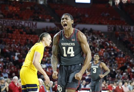 Jan 17, 2024; Norman, Oklahoma, USA; Oklahoma Sooners forward Jalon Moore (14) celebrates after scoring against the West Virginia Mountaineers during the second half at Lloyd Noble Center. Mandatory Credit: Alonzo Adams-USA TODAY Sports