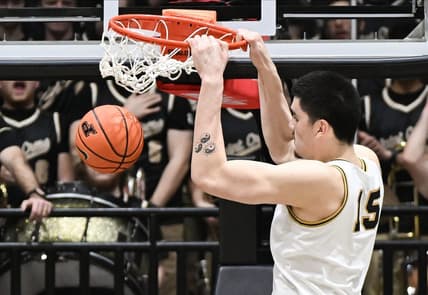 Jan 31, 2024; West Lafayette, Indiana, USA; Purdue Boilermakers center Zach Edey (15) dunks the ball against the Northwestern Wildcats during the first half at Mackey Arena. Mandatory Credit: Robert Goddin-USA TODAY Sports