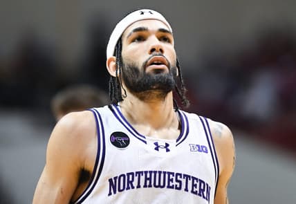 Feb 18, 2024; Bloomington, Indiana, USA;  Northwestern Wildcats guard Boo Buie (0) waits to attempt a free throw against the Indiana Hoosiers during the second half at Simon Skjodt Assembly Hall. Mandatory Credit: Robert Goddin-USA TODAY Sports